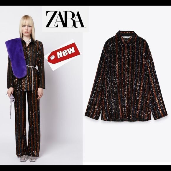 Zara black & burnt orange sequin pinstripe button-down shirt Sz M NWT - Picture 1 of 11